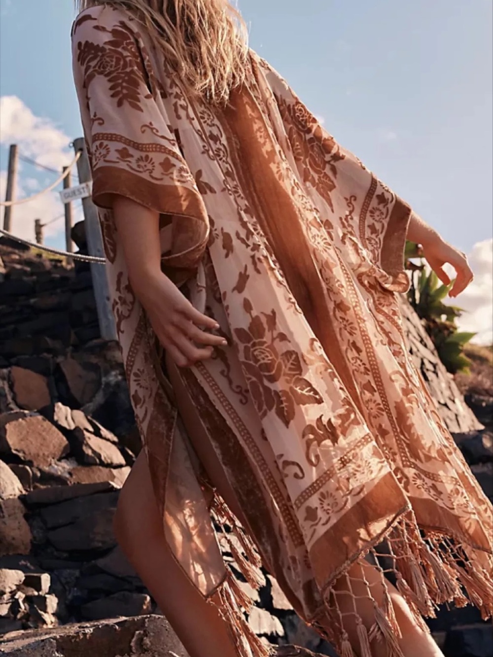 NEW Free People Nightbird Burnout Kimono - Warm Sand Tan One Size
